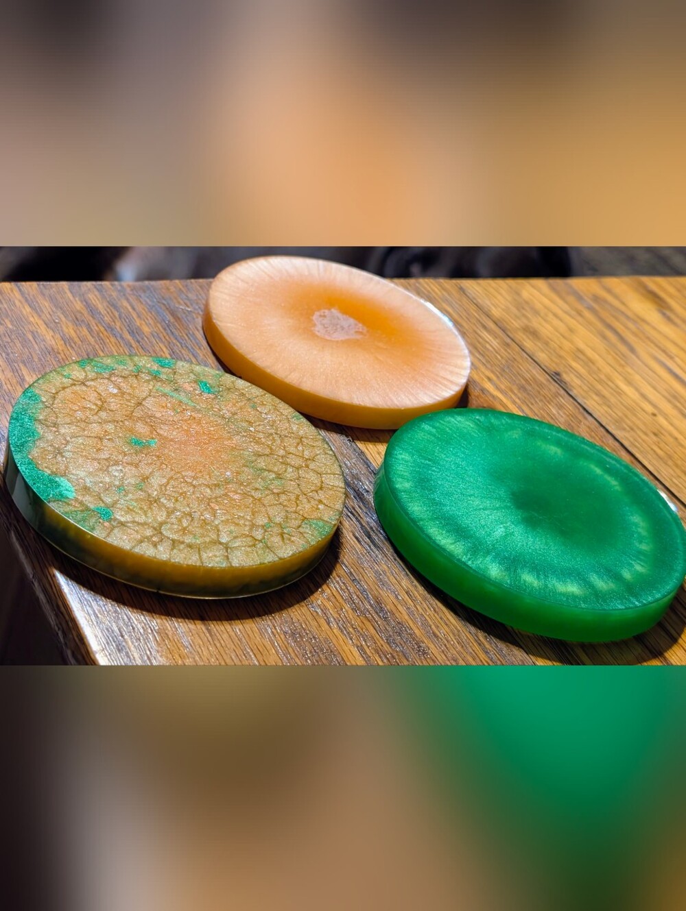 Set Of 3 Green And Orange Epoxy Resin Coasters